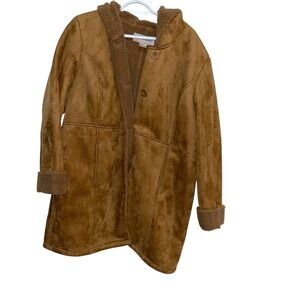 Tan Faux Suede Hooded Button Up Coat Sherpa Lined Warm Jacket Outerwear L